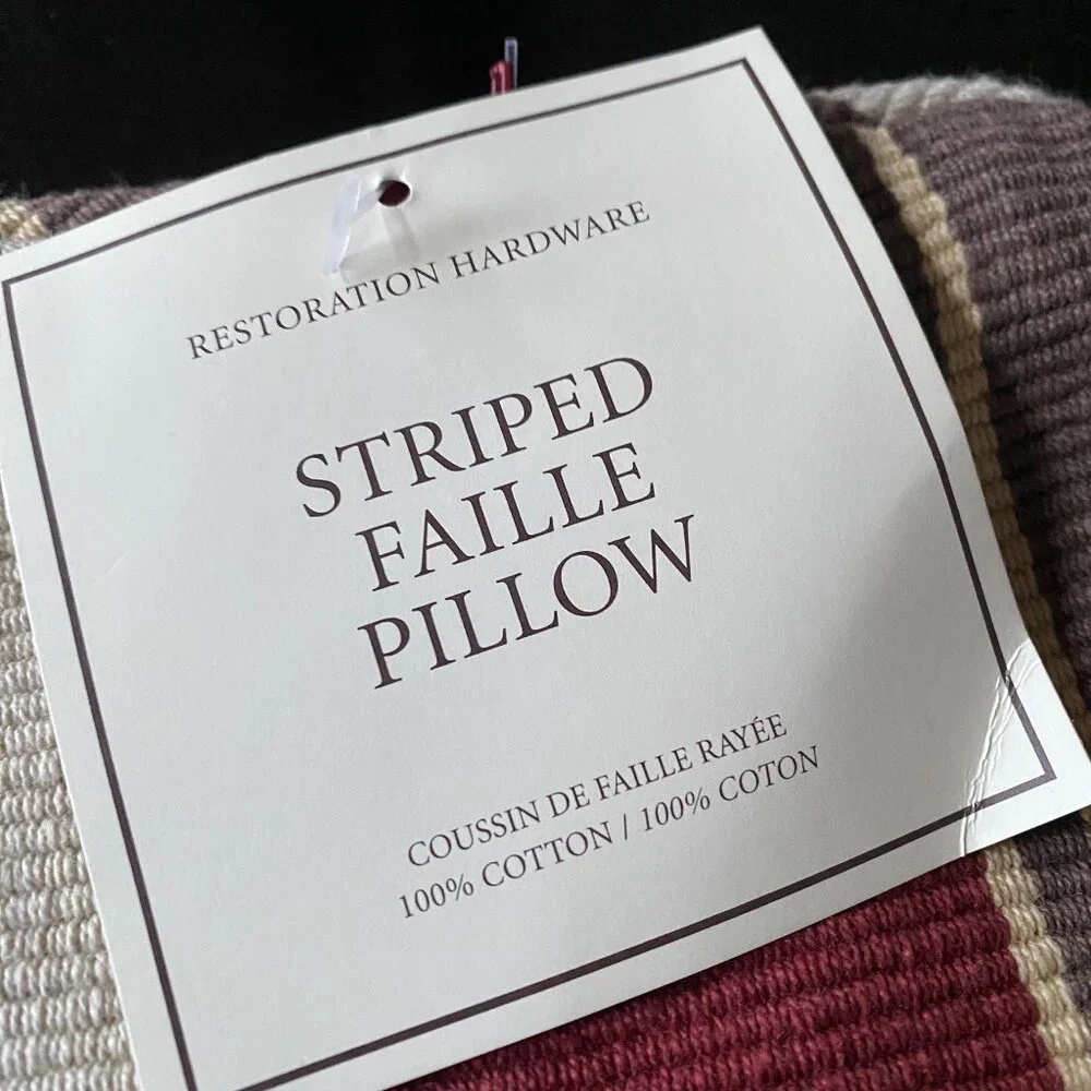 RESTORATION HARDWARE Striped Faille Pillow Cover 100% Cotton 22 x 22 NWT